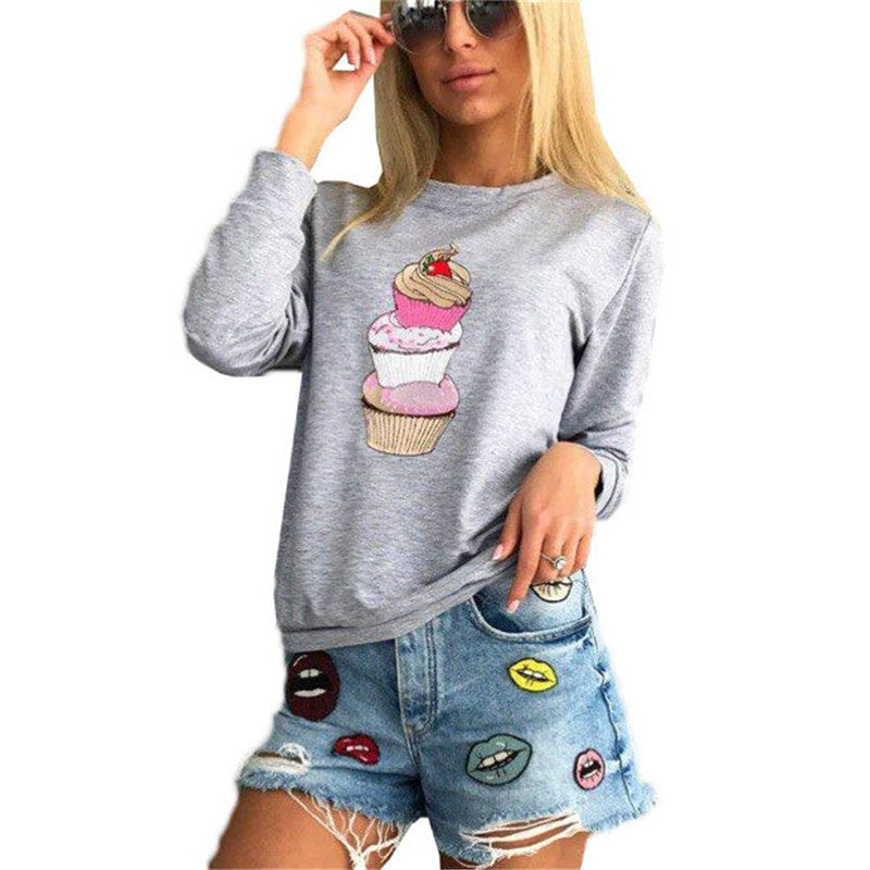 3 Colors Women Fashion Cute Cupcakes Printed Long Sleeves Casual Shirt Tops Large Size