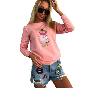 3 Colors Women Fashion Cute Cupcakes Printed Long Sleeves Casual Shirt Tops Large Size