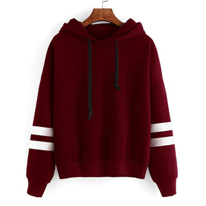 Autumn Winter Women Hooded Sweater Long Sleeves Contrast Stripes Casual Loose Hoodies Top Pullover