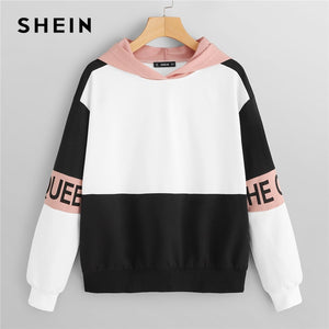 SHEIN Multicolor Elegant Color Block Letter Print Pullovers Hooded Sweatshirt 2018 Autumn Minimalist Women Sweatshirts